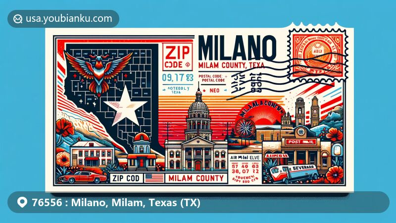 Modern illustration of Milano, Milam County, Texas, showcasing postal theme with Texas state flag, Milam County map silhouette, vintage postage stamp, postmark, and ZIP Code. Incorporates local landmarks and cultural elements.