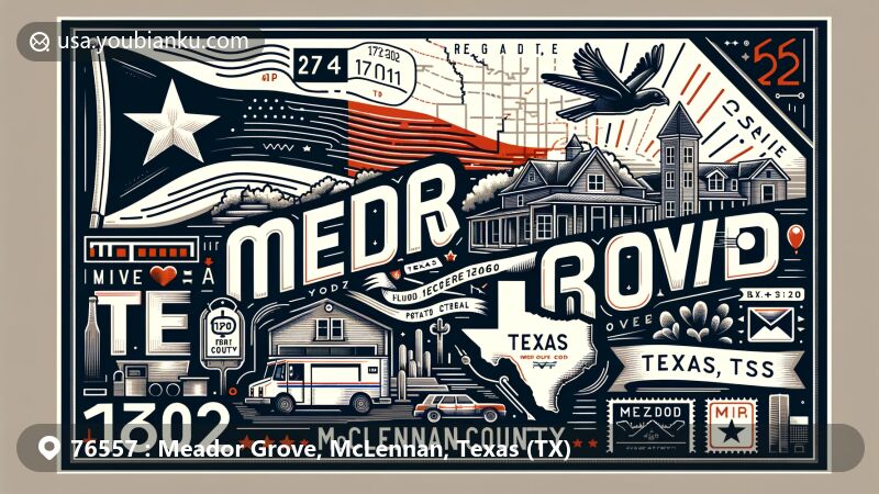 Modern illustration of Meador Grove, McLennan County, Texas, showcasing postal theme with ZIP code details and Texas state symbols.