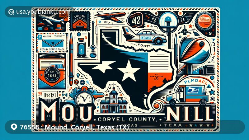 Creative illustration of Mound, Coryell County, Texas, featuring postal theme with ZIP code 76558, incorporating county map, iconic landmarks, and cultural symbols of Mound.
