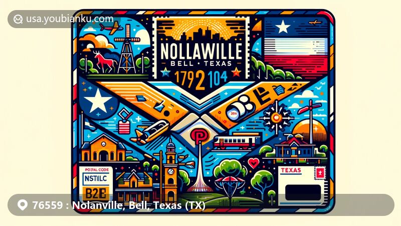 Creative illustration of Nolanville, Bell County, Texas, featuring a postal-themed design with ZIP code, symbols of Nolanville and Bell County, and iconic Texas elements.