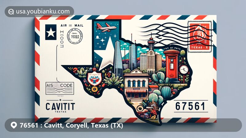 Creative illustration of Cavitt, Coryell County, Texas, resembling an air mail envelope with Texas flag, Coryell County outline, postal elements, and ZIP Code 76561.
