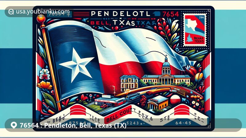 Modern illustration of Pendleton, Bell, Texas (TX), airmail-themed design with vibrant Texas flag, Bell County outline, and local elements. Features ZIP Code 76564, postcard elements, and modern style.