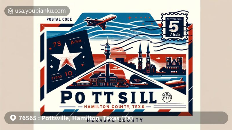 Modern illustration of Pottsville, Hamilton County, Texas, with postal theme showcasing Texas state flag, Hamilton County silhouette, Pottsville landmarks, and cultural symbols, featuring stamp, postmark, and ZIP code 76565.