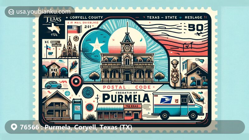 Modern illustration of Purmela, Coryell County, Texas, inspired by postal theme with symbols of local culture and Texas state flag, featuring postage elements and ZIP Code.