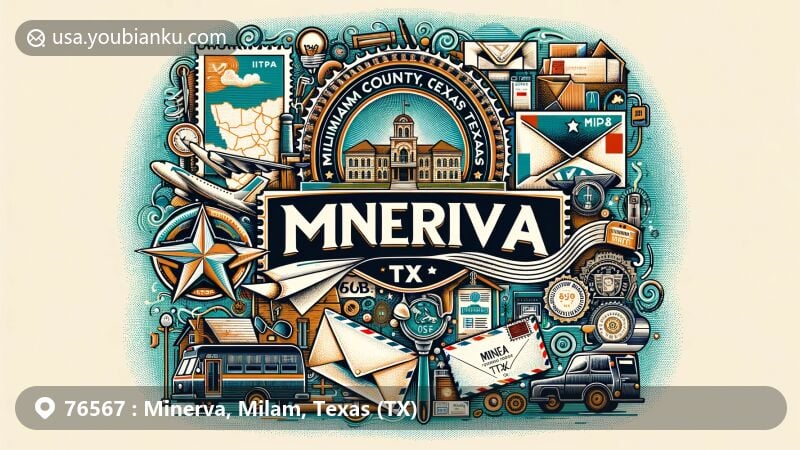 Modern illustration of Minerva, Milam County, Texas, featuring a detailed postage stamp with postal-themed elements like a postcard and an airmail envelope, highlighting the unique elements of Minerva, TX.