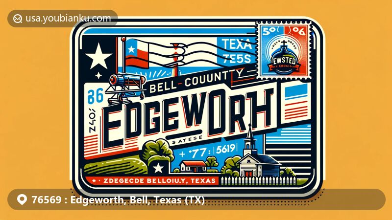 Modern illustration of Edgeworth, Bell County, Texas, with vintage postcard design featuring ZIP code 76569, Texas state flag, and local landmark.