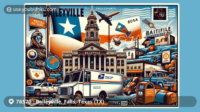 Modern illustration of Baileyville, Falls County, Texas, highlighting local culture and state symbols with postal theme, ideal for postal code webpage.