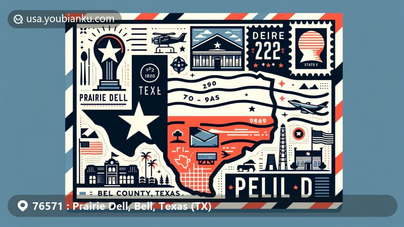 Modern illustration of Prairie Dell in Bell County, Texas, capturing the essence of the area's ZIP code region with Texas state flag, Bell County map outline, local landmarks, and postal elements.
