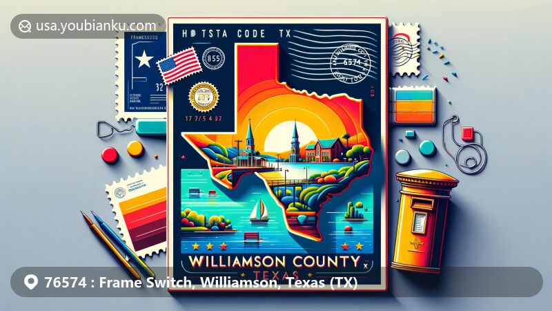Artistic illustration of Frame Switch, Williamson County, Texas, showcasing a postcard design with ZIP code 76574 and iconic postal elements, including a vintage postage stamp and American mailbox.