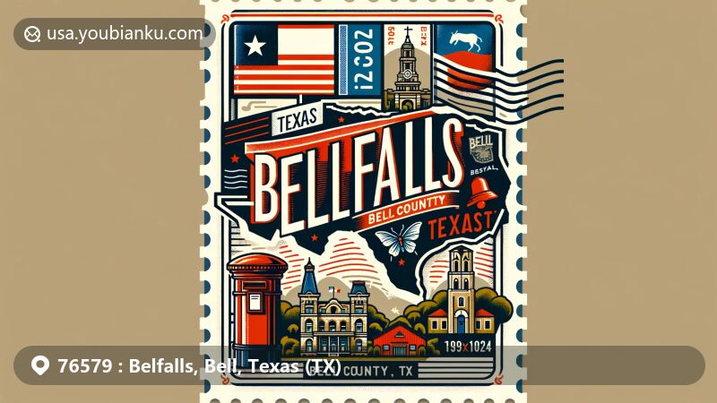 Modern illustration of Belfalls, Bell County, Texas, showcasing postcard-style design with state flag, Bell County outline, and local symbols, including postal elements like stamp, postmark, ZIP Code, and red mailbox.