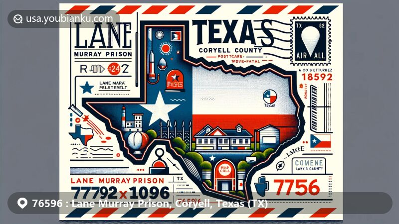 Modern illustration of Lane Murray Prison, Coryell County, Texas, featuring elements of the Texas state flag, Coryell County outline, and iconic landmarks. Includes postal theme with ZIP code 76596.
