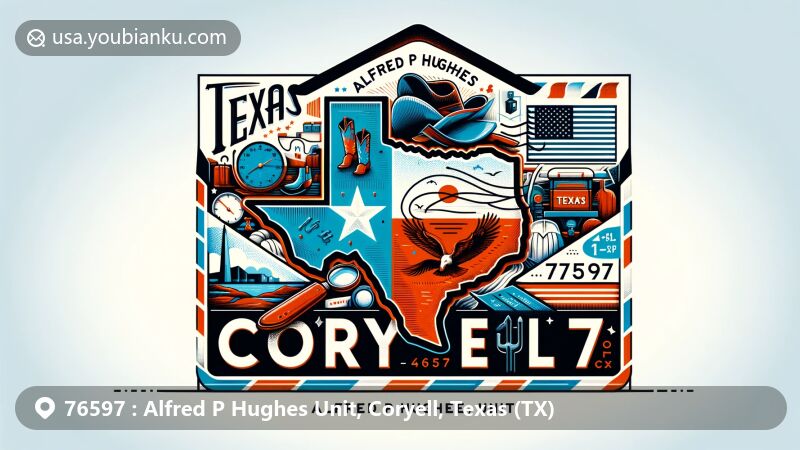 Artistic depiction of Alfred P Hughes Unit area, Coryell County, Texas, shaped as an airmail envelope with ZIP code 76597, featuring Texas state flag, cowboy hat, and local symbols.