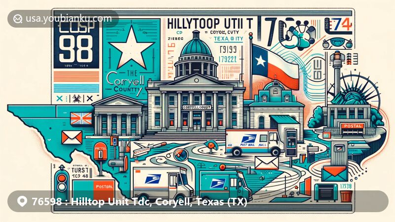 Modern illustration of Hilltop Unit Tdc, Coryell County, Texas, highlighting state flag, county outline, and postal theme with ZIP code 76598, featuring iconic landmark or cultural symbol.