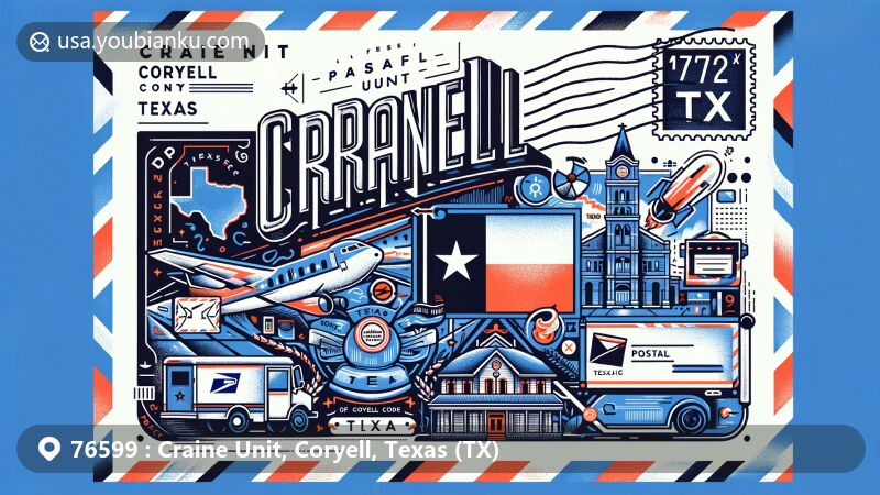 Modern illustration of Craine Unit, Coryell, Texas (TX), resembling an airmail envelope, featuring key landmarks and cultural elements of Coryell County and Texas, including state flag, county map, and local landmark, with artistic postal elements like postage stamp, postmark with ZIP code, mailbox, and postal van.