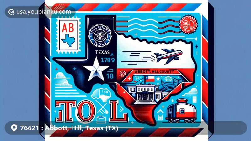 Vibrant illustration of Abbott, Hill County, Texas, resembling an airmail envelope with postage stamp and postmark showcasing ZIP code, Texas flag, Hill County map, and local landmark.