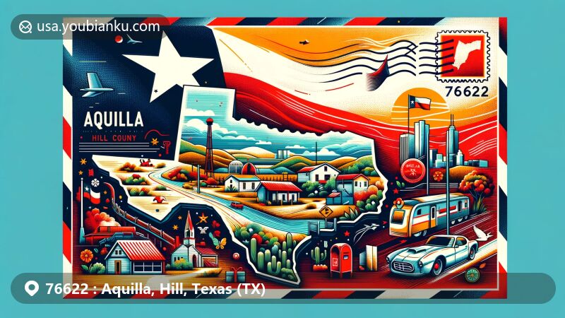 Modern illustration of Aquilla, Hill County, Texas, resembling an airmail envelope with state flag, county map outline, local landmarks, and postal elements like vintage stamp, postmark, and mailbox.