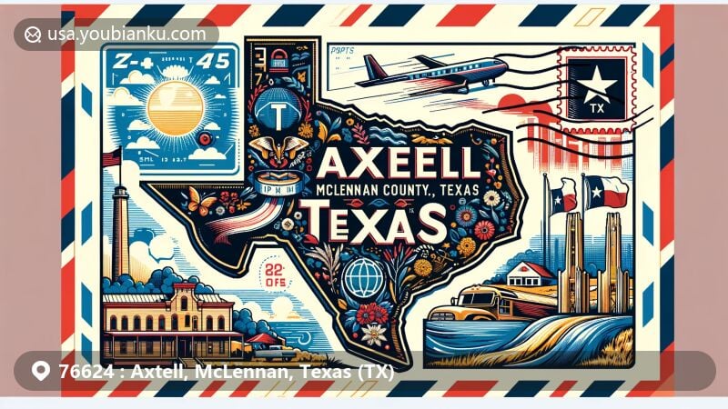 Vintage-style illustration for Axtell, McLennan County, Texas, reflecting postal theme with ZIP code details and local symbols, such as county outline, state flag, and notable landmark.