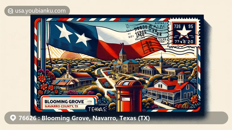Modern illustration of Blooming Grove, Navarro County, Texas, reminiscent of an airmail postcard with Texas state flag, scenic view, Navarro County outline, vintage stamp, ZIP code 76626, postmark, and red mailbox.
