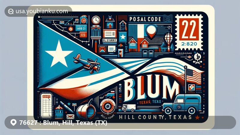 Modern illustration of Blum, Hill County, Texas, featuring ZIP code 76627, with Texas state flag and Hill County map outline.