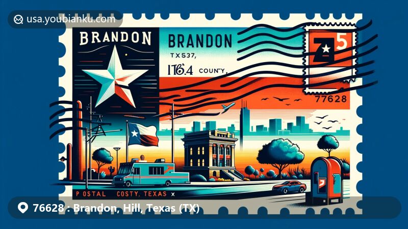 Modern illustration of Brandon, Hill County, Texas, showcasing postal theme with ZIP code 76628, featuring Texas state flag and Hill County silhouette, highlighting local landmark and postal elements.