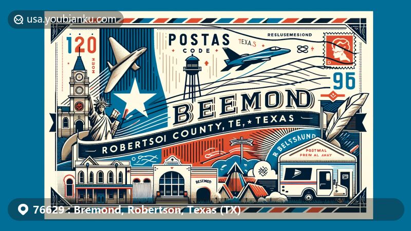 Modern illustration of Bremond, Robertson County, Texas, showcasing postal theme with Texas state flag, Robertson County outline, and unique landmarks of Bremond, including postal elements like stamps, postmarks, and mailboxes.