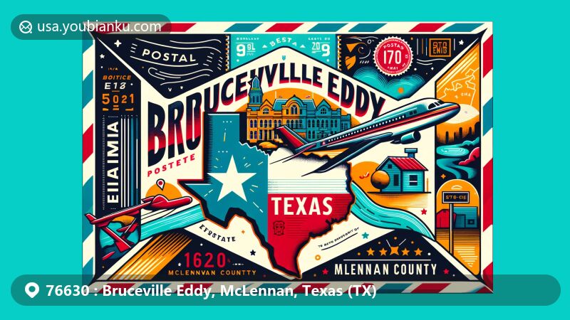 Modern illustration of Bruceville Eddy, McLennan County, Texas, TX, in the shape of an airmail envelope, displaying vibrant colors and creative design with Texas state flag, McLennan County outline, and local landmark.