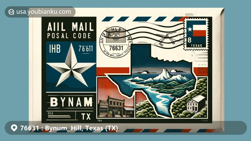 Modern illustration of Bynum, Hill County, Texas (TX), resembling an air mail envelope with Texas flag, Hill County map, and local cultural symbol, including vintage postage stamp with ZIP code 76631 and Bynum postmark stamp.