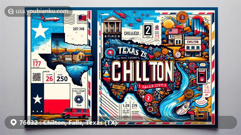 Modern illustration of Chilton, Falls County, Texas, with vibrant postal theme, showcasing county map, cultural symbol, and airmail elements.