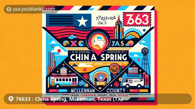 Creative illustration of China Spring, McLennan County, Texas, resembling an airmail envelope with postal theme for ZIP code 76633. Features Texas state flag, McLennan County's map silhouette, and iconic landmarks of China Spring.