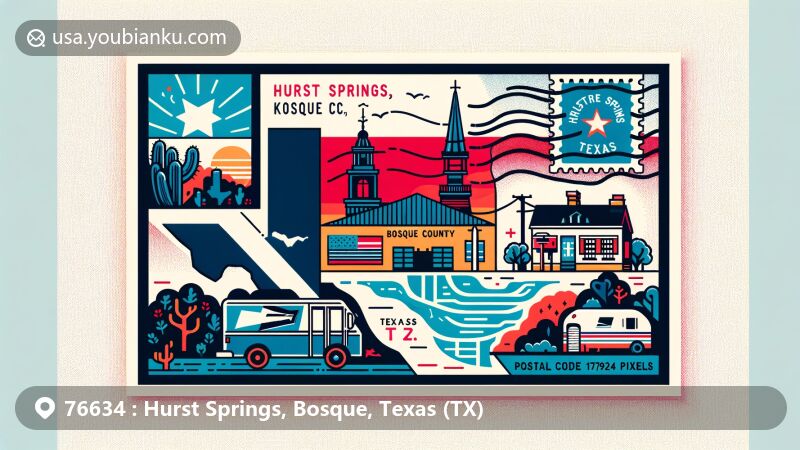 Modern illustration of Hurst Springs, Bosque County, Texas (TX), featuring postal theme with Texas flag, Bosque County outline, Hurst Springs landmarks, and postal elements like postage stamp, postmark, ZIP Code, mailbox, and mail truck.