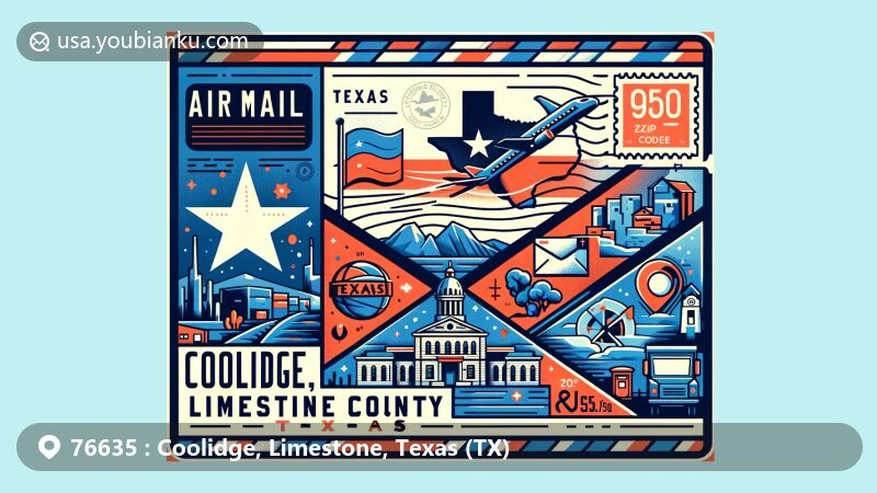 Modern illustration of Coolidge, Limestone County, Texas, in the style of an air mail envelope, featuring iconic Texas symbols, landmarks, and postal elements like a stamp, postmark with ZIP Code, mailbox, and mail truck.