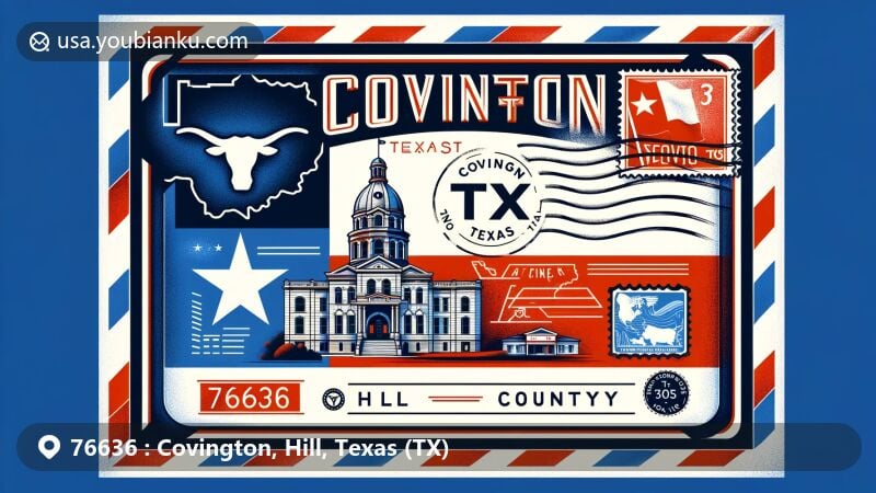 Modern illustration of Covington, Hill County, Texas, in the style of an airmail envelope with Texas flag and map outline, showcasing Covington courthouse or landmark, vintage airmail design with ZIP code 76636.