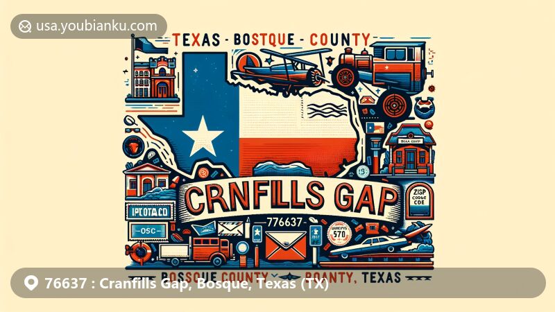 Modern illustration of Cranfills Gap, Bosque County, Texas, featuring Texas state flag, Bosque County outline, and postal-themed elements with ZIP code 76637.