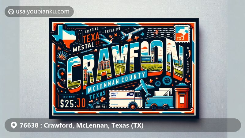Modern illustration of Crawford, McLennan County, Texas, showcasing airmail theme with TX state flag, county outline, local landmarks, and postal elements like ZIP code stamp and postmark.