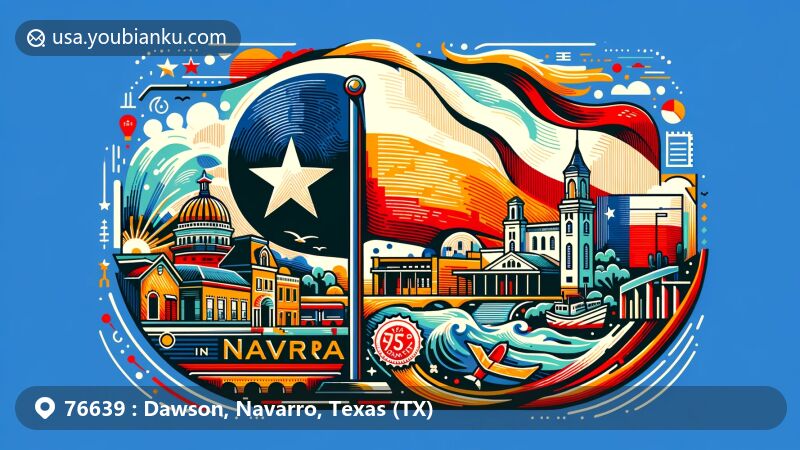 Contemporary illustration of Dawson, Navarro County, Texas, featuring Texas state flag, Dawson County outline, local landmarks, and postal elements like postcard, airmail envelope, stamp, and postmark.