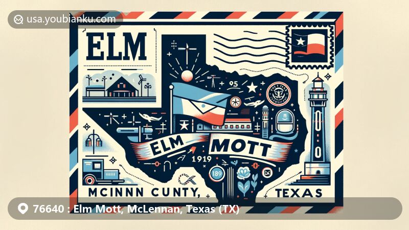 Modern illustration of Elm Mott, McLennan County, Texas, in the style of an airmail envelope, showcasing the Texas state flag, McLennan County outline, and local landmarks or cultural symbols.