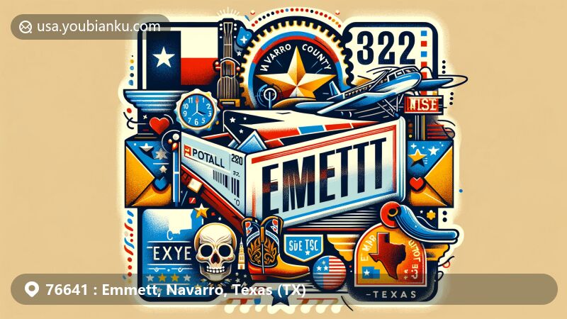 Vintage illustration for Emmett, Navarro County, Texas postal code page, featuring air mail envelope with ZIP code, postage stamp with landmark, and Texas state symbols.