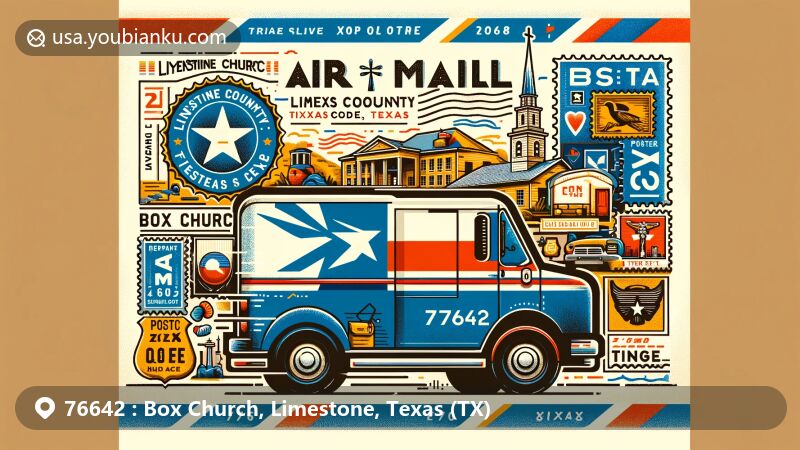 Contemporary illustration of Box Church, Limestone County, Texas, with air mail envelope theme showcasing Texas state flag, local landmarks, postal stamp, postmark with ZIP code 76642, and classic mail truck.