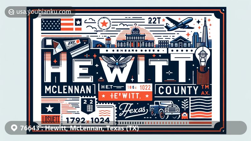 Modern illustration of Hewitt, McLennan County, Texas, with postal theme including air mail envelope, postage stamps, and ZIP Code, featuring Texas state flag and local landmarks. Artistic representation of the area's cultural elements.