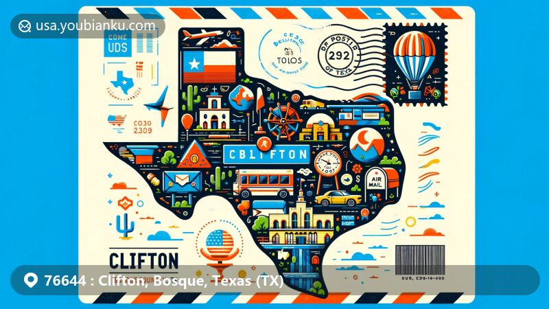 Artistic interpretation of Clifton, Bosque County, Texas, in the form of an air mail envelope, showcasing local landmarks, the Texas state flag, and postal elements in a vibrant style.