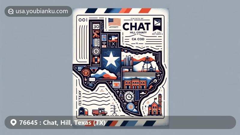 Modern illustration of Chat, Hill County, Texas, featuring Texas state flag, Hill County's shape outline, Chat's cultural symbol, and postal elements like stamps and ZIP Code.