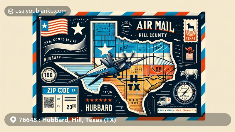 Creative modern illustration of Hubbard, Hill, Texas (TX) with postal theme like vintage postage stamp and postmark, showcasing Texas state flag, Hill County map, cowboy hat, longhorn cattle, and old-fashioned mailbox.