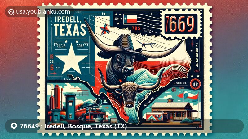 Modern illustration of Iredell, Bosque County, Texas, featuring postal theme with ZIP code 76649, showcasing Texas state flag, Bosque County map outline, and classic Texas symbols like cowboy hat and longhorn cattle.