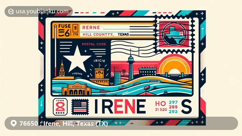 Vibrant illustration of Irene, Hill County, Texas, merging postal and regional elements with Texas flag, Hill County outline, and Irene landmark, featuring airmail envelope with postage stamps, postmark, and ZIP Code.