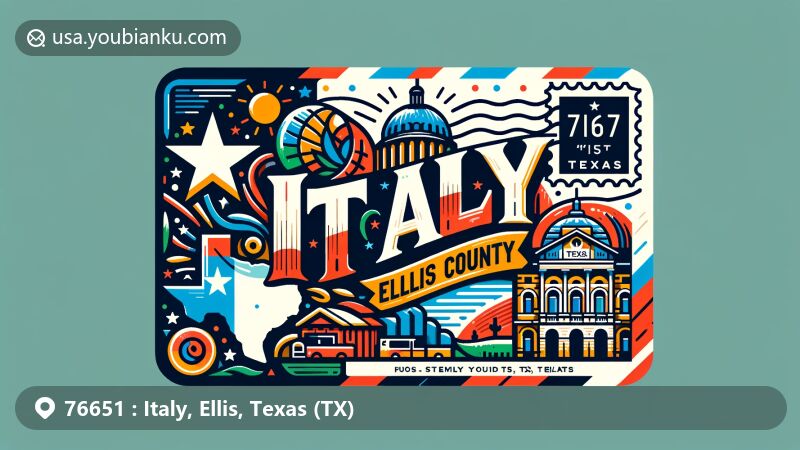 Creative illustration of Italy, Ellis County, Texas, in the style of a postcard or airmail envelope, highlighting the ZIP code 76651, with Texas state flag and silhouette, and iconic Ellis County Courthouse.