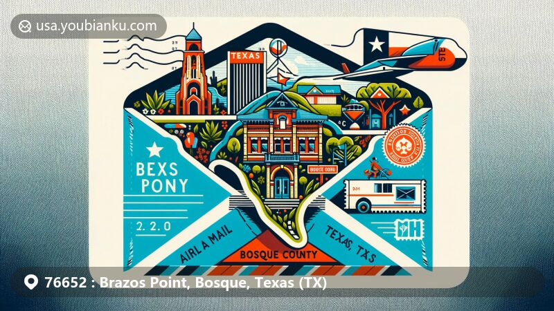 Modern illustration of Brazos Point, Bosque County, Texas, featuring air mail envelope with Bosque County shape, local landmarks, Texas symbols, and postal elements with ZIP code.