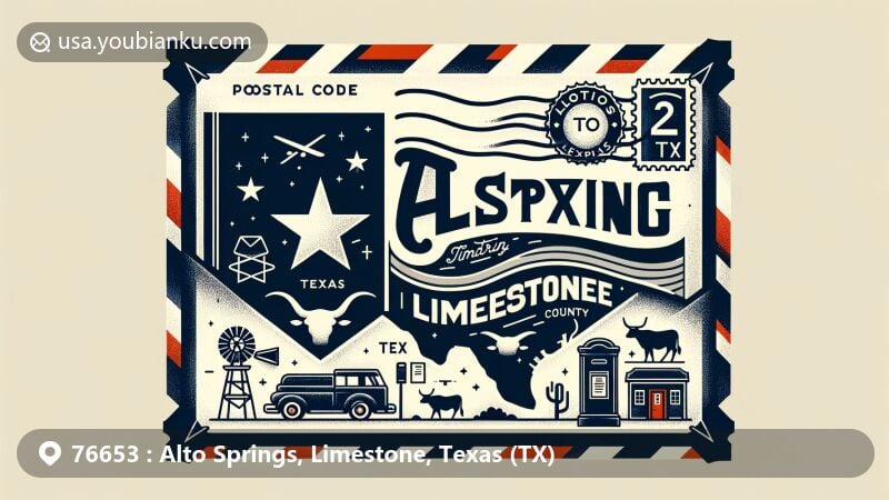 Modern illustration for Alto Springs, Limestone County, Texas, showcasing postal theme with Texas state flag, cowboy hat, longhorn cattle, vintage postage stamp, postmark, mailbox, postal truck, and ZIP code details.