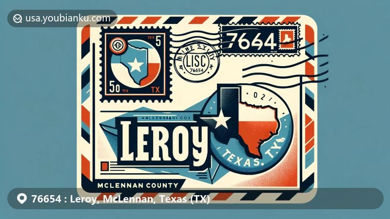 Colorful illustration of Leroy, McLennan County, Texas showcasing airmail envelope with Texas flag stamp and Leroy, TX 76654 postmark, featuring Texas state element in creative style.