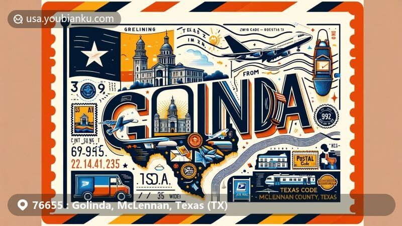 Modern illustration of Golinda, McLennan County, Texas (TX), inspired by postal theme with airmail envelope design, showcasing state flag, county outline, and local landmarks. Includes stamps, postmark, mailbox, and ZIP code details.