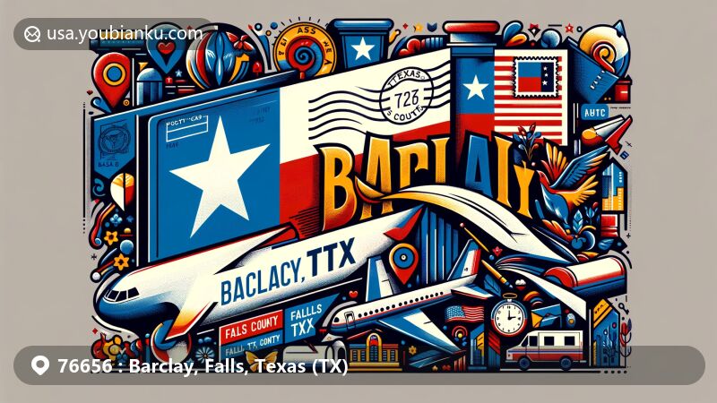 Creative illustration of Barclay, Falls County, Texas, focusing on postal theme with airmail envelope featuring Texas state flag, Falls County outline, and local landmarks. Includes postage stamp, 'Barclay, TX' postmark, mailbox, and postal van.